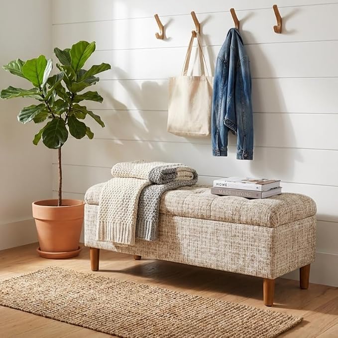 Homepop Home Decor | Tufted Ainsley Button Storage Ottoman Bench with Hinged Lid | Ottoman Bench with Storage for Living Room & Bedroom, Cream Textural Woven