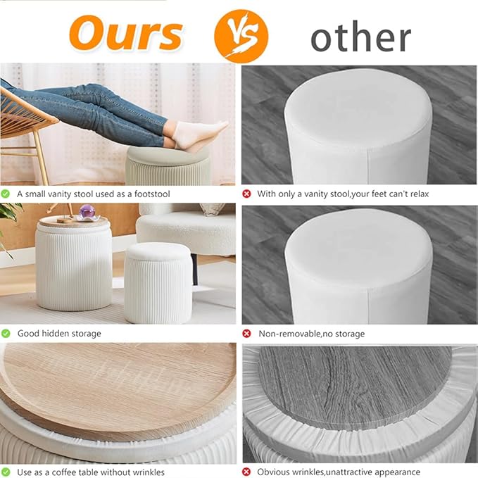 BLEXA Round Ottoman with Storage Set of 2-Upholstered Velvet Vanity Stool for Makeup Multifunctional Ottomans Coffee Table Padded Seat Foot Rest for Living Room&Bedroom(White-Upgrade Tray Lid)