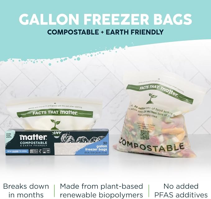 Matter Compostable Gallon Freezer Bags for Food Storage, Eco-Friendly, Resealable, Food Storage Bags, 30 Count