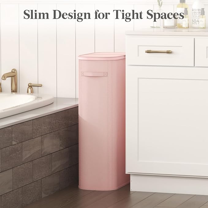 Lifewit Slim Laundry Basket with Lid, Narrow Large Laundry Hamper with Plastic Handles and Removable Bag, Tall Foldable Dirty Clothes Hampers for Laundry Room, Bedroom, Bathroom, Dorm, 75L Pink