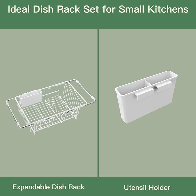 MAJALiS White Dish Drying Rack Over The Sink with Utensil Holder | Expandable Stainless Steel Dish Drainer for Small Kitchen, Apartment, RV, Counter Space Saving, Perfect Fit, Rustproof