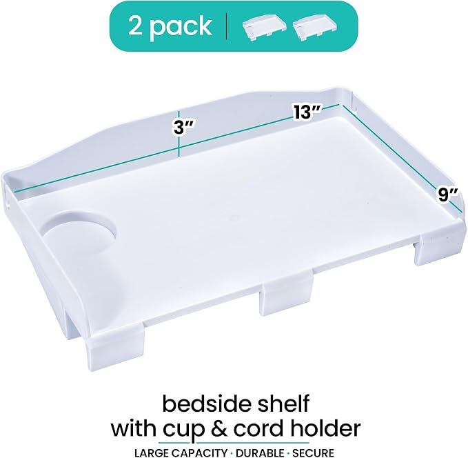 Modern Innovations 2 Count Bedside Organizer for Bed – Clip On Tray with Cup & Cord Holder – for College Dorm, Top Bunk, or Kids Bedroom (White)