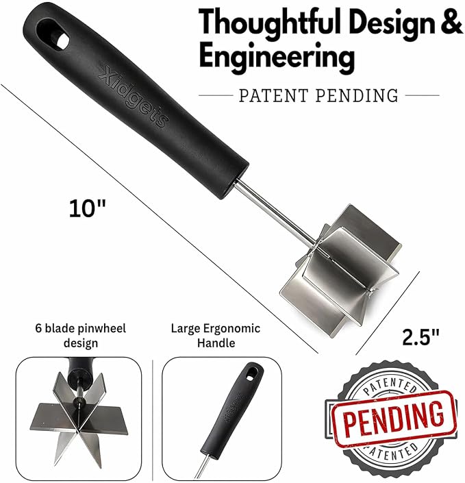 2pc Large Stainless Steel Meat Chopper, Masher & Cocktail Muddler | Dishwasher Safe | 6-Blade Chopper Tool | Oversized Ergonomic Handle | Heat Resistant Grip | 2 x 10" black