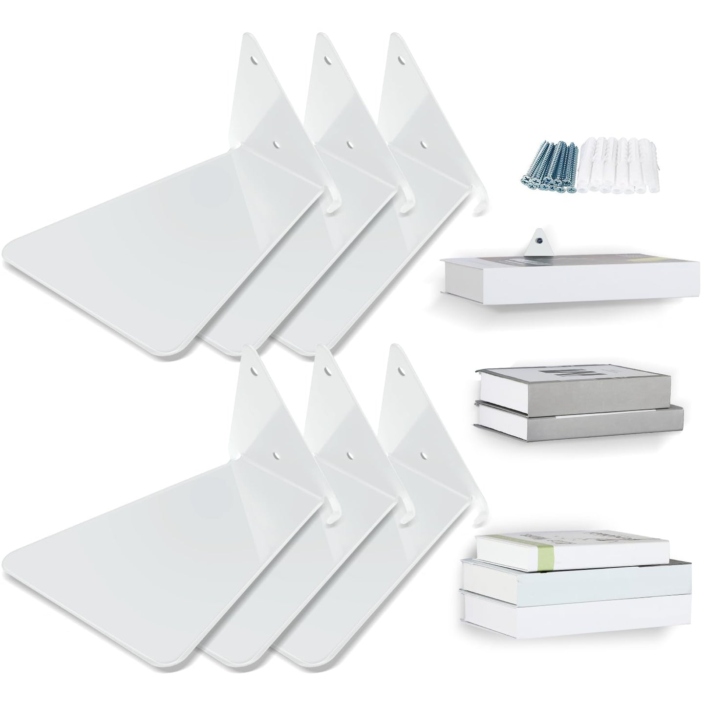 Jetec 6 Pieces Invisible Floating Bookshelf for Wall Mount Iron Floating Book Shelves Multipurpose Hidden Hanging Bookshelves Wall Book Holders for Room Bedroom Home Office Library Bookcase (White)