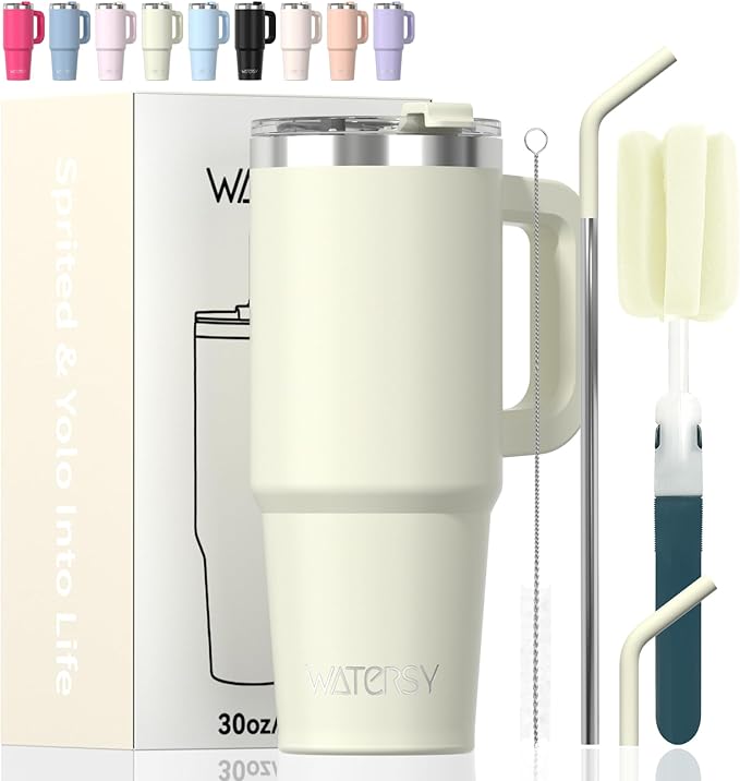 30 oz Tumbler with Handle,Tumbler with Lid and Straw,Double Wall Insulated Cup Stainless Steel Travel Mug(Cold for 34 Hours),Water Bottle for Iced Tea,Coffee,Cold Beverages(Cream White)
