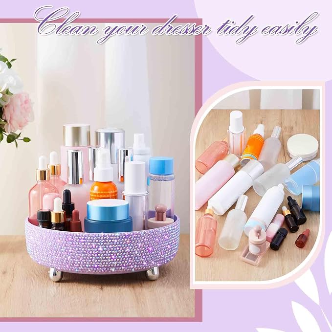 Honeydak 360 Rotating Perfume Organizer Gift for Women, Rhinestone Preppy Skincare Organizer Bathroom Counter Makeup Holder Skincare and Perfume Storage for Cosmetic(1 Tier,Resin Diamond,Purple)