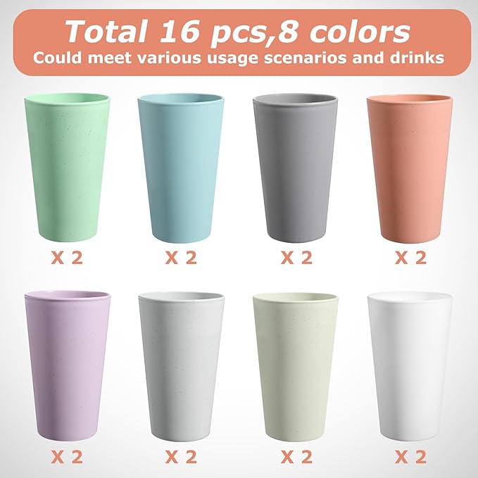 HEYCOME Set of 16 Wheat Straw Cups, 16 Pcs 20 oz Unbreakable Drinking Cups, Reusable Plastic Cups Sets, Water Glasses Tumblers, Microwave & Dishwasher Safe, Bpa Free, 8 Colors
