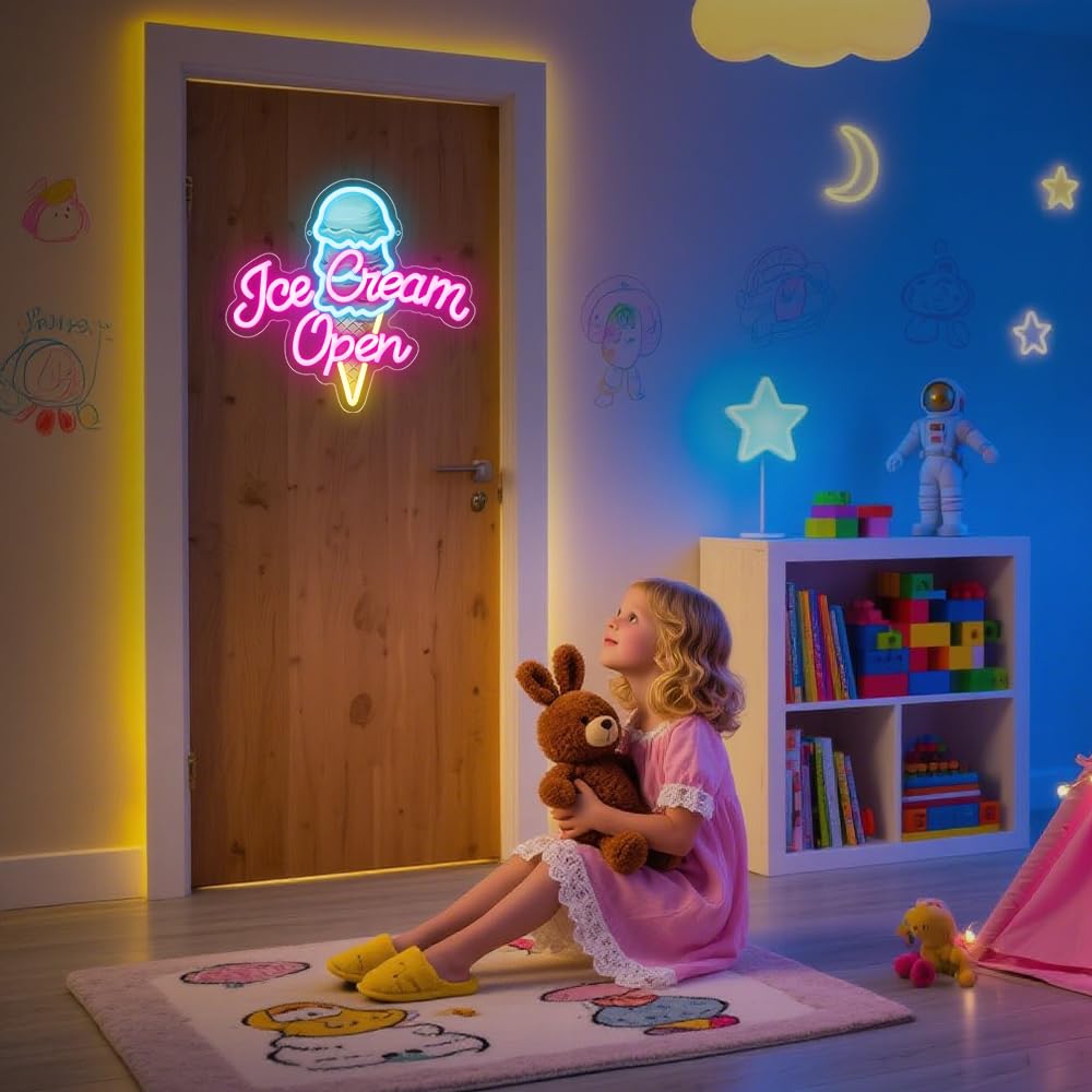Ice Cream Neon Open Signs,Ice Cream Neon Signs for Wall Decor,Adjustable Brightness Led Neon Open Signs for Business Store,Cafe,Bar,Party,Bedroom Decor,Birthday,Christmas