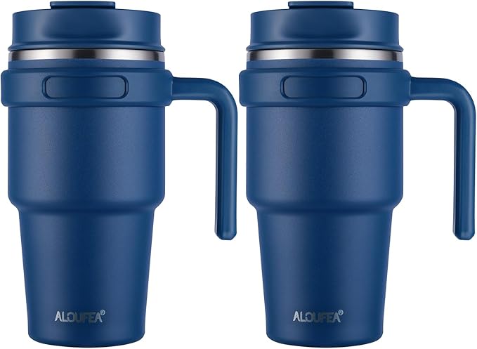 20 oz Insulated Coffee Mug Tumbler with Handle, Stainless Steel Travel Mug Tumbler with Lid and Straw,Double Wall Vacuum Leak Proof Ice Coffee Thermal Cup, Navy