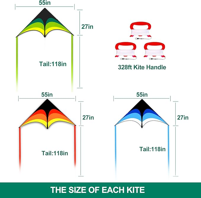 Mint's Colorful Life 3 Pack Delta Kites for Kids & Adults, Easy to Fly Large Kite Set for Beginners, Perfect Family Kites for Park and Beach Trip with 300ft String Included