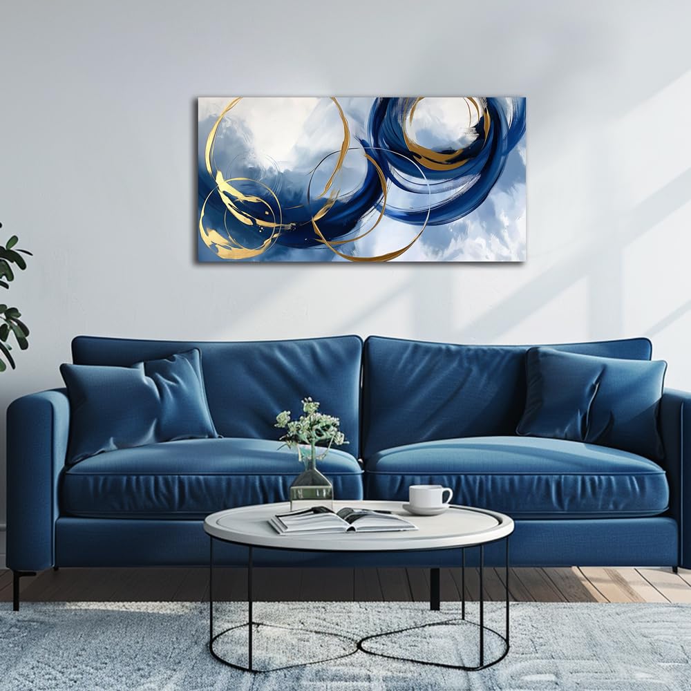 Abstract Wall Art Nave Blue Modern Canvas Pictures Art Print Gold Contemporary Artwork Painting Decor for Living Room Bedroom Home Office Decorations(20"x40")