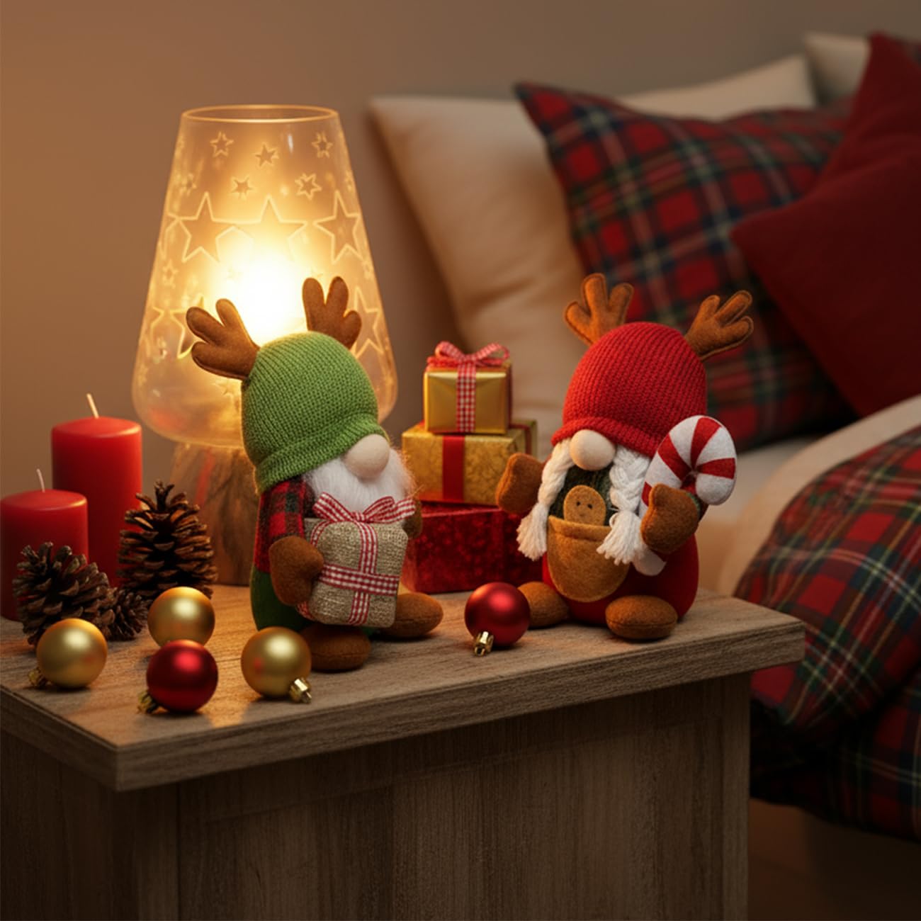 YOMEIA 2PCS Christmas Gnomes Plush Decorations, Set of 2 – Scandinavian Tomte Elf Gnomes with Gift & Candy Cane, Swedish Nordic Holiday Home Decor for Xmas