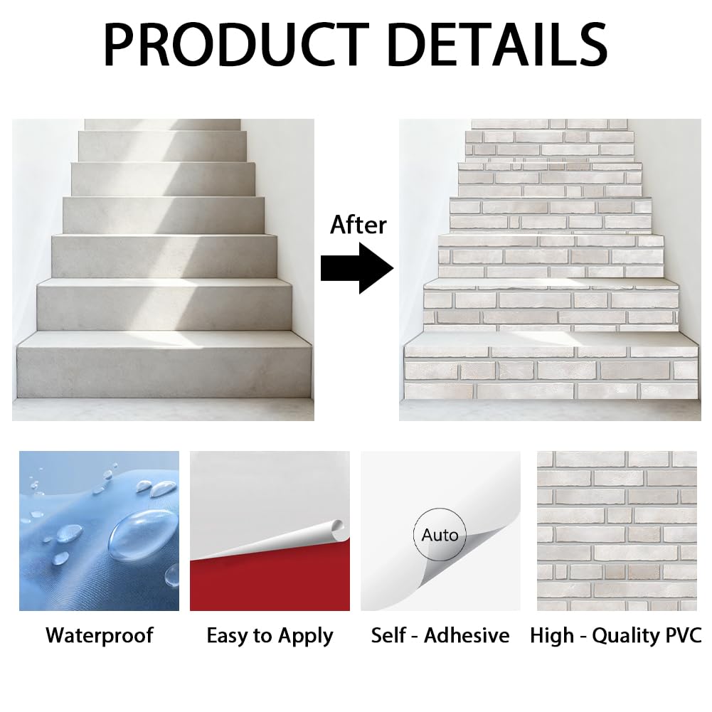 Hpbbspring 15Pcs Staircase Stickers Realistic White Brick Wall Tile Stickers Beauiful Self-Adhesive Water Proof Staircase Decor for Steps Bedroom Balcony Bars 39.3" W x 7.08" H