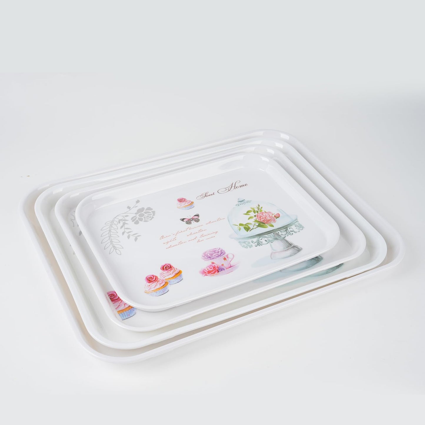 4-Pack Melamine Serving Tray Set - Rectangle Stackable Food Breakfast Fruit Platter with Floral Print for Gift Party Decor Home Restaurant (Cake)