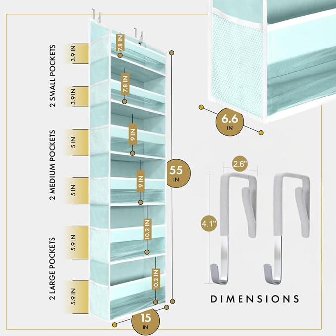 HOMELUX THEORY UPGRADED 6 Tiers Over The Door Organizer Hanging - 100D EXTRA THICK & 50lbs HUGE CAPACITY, 12 Side Mesh Pockets Over The Door Shoe Organizer, Hanging Closet Organizer (Baby Blue, 2pc)