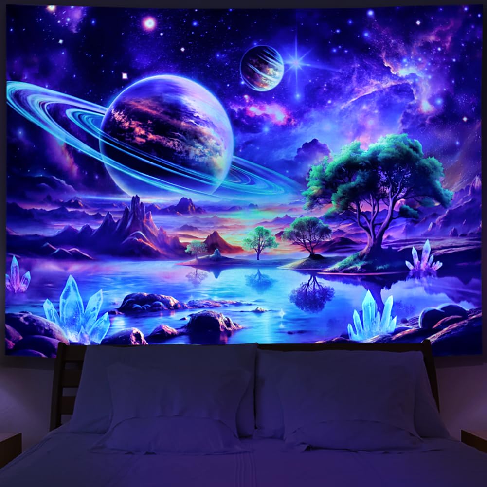 Blacklight Galaxy Space Tapestry UV Reactive Planet Wall Hanging Magical Trees Tapestries Cosmic Mountain Landscape Wall Decor Aesthetic Starry Night Backdrop for Bedroom