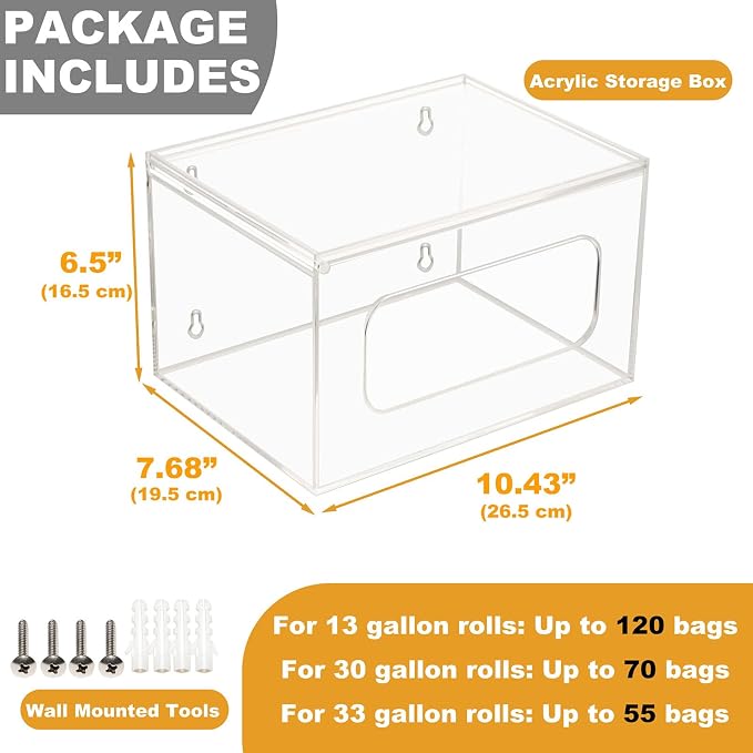 SEANADO Extra Large Trash Bag Dispenser Roll Holder with Lid - Wall Mount Acrylic Garbage Bag Stackable Storage Box for Kitchen Laundry Room Cabinet Organization