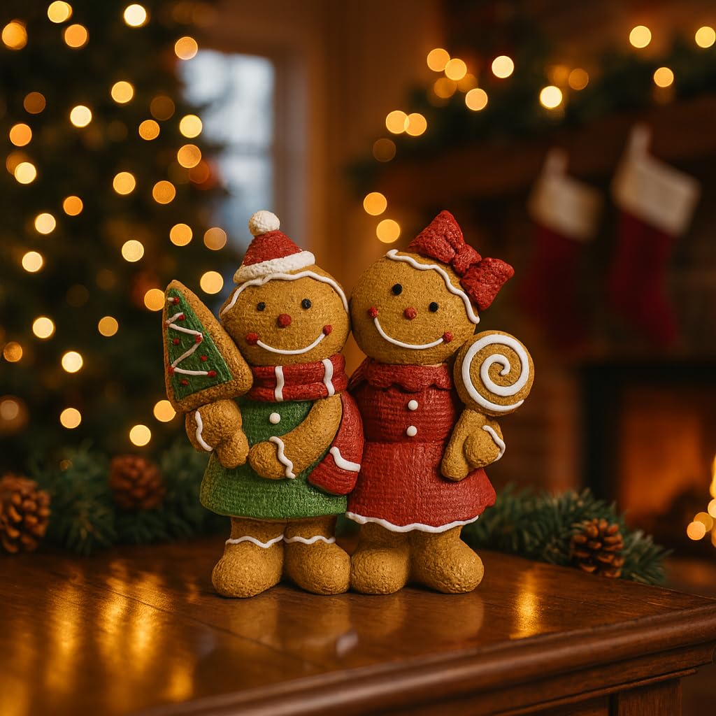 iStatue Christmas Gingerbread Couple Resin Figurine – Hand-Painted Holiday Décor, Boy with Tree Cookie & Girl with Bow and Swirl Lollipop, Tabletop/Mantel Accent (Brown Gingerbread)