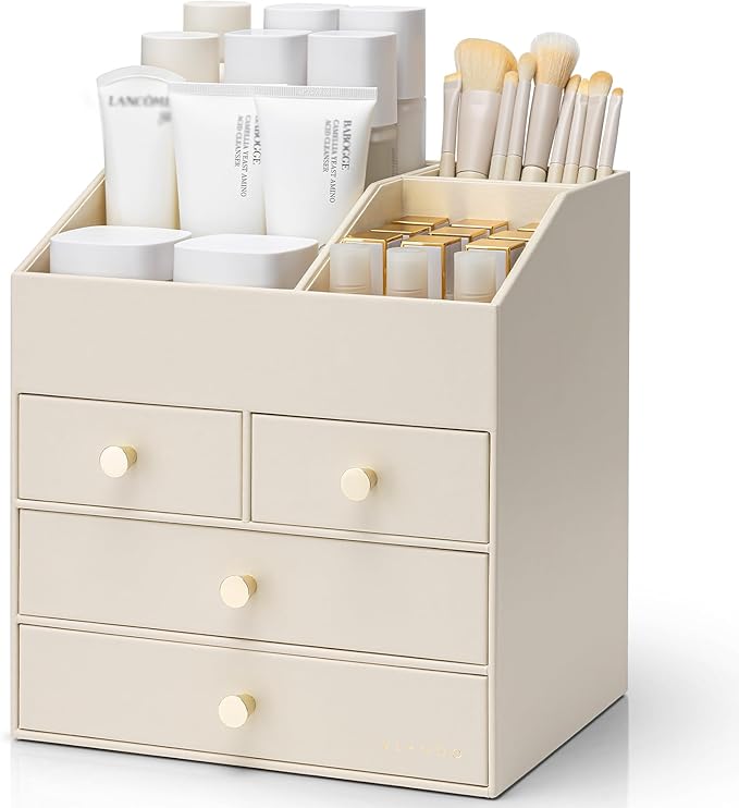 VLANDO Makeup Organzier,Vanity Organizer with Drawers, PU Leather Skincare Organizer Perfume Organizer,Large Cosmetic Display Case for Lipstick,Brushes Gifts for Women, Beige, 4 Layer