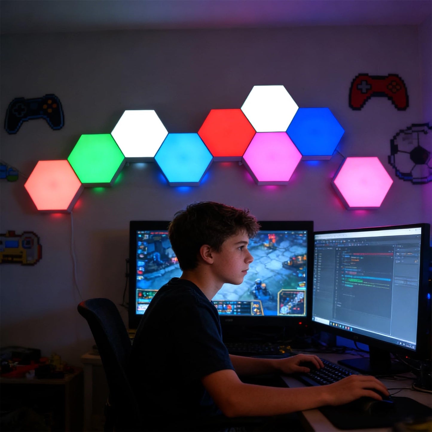 Remote control and touch control hexagon panels for gaming room setups and kids play lamps night lights with LED light sources mainy used in door for home decoration and holiday decoration lights (9)