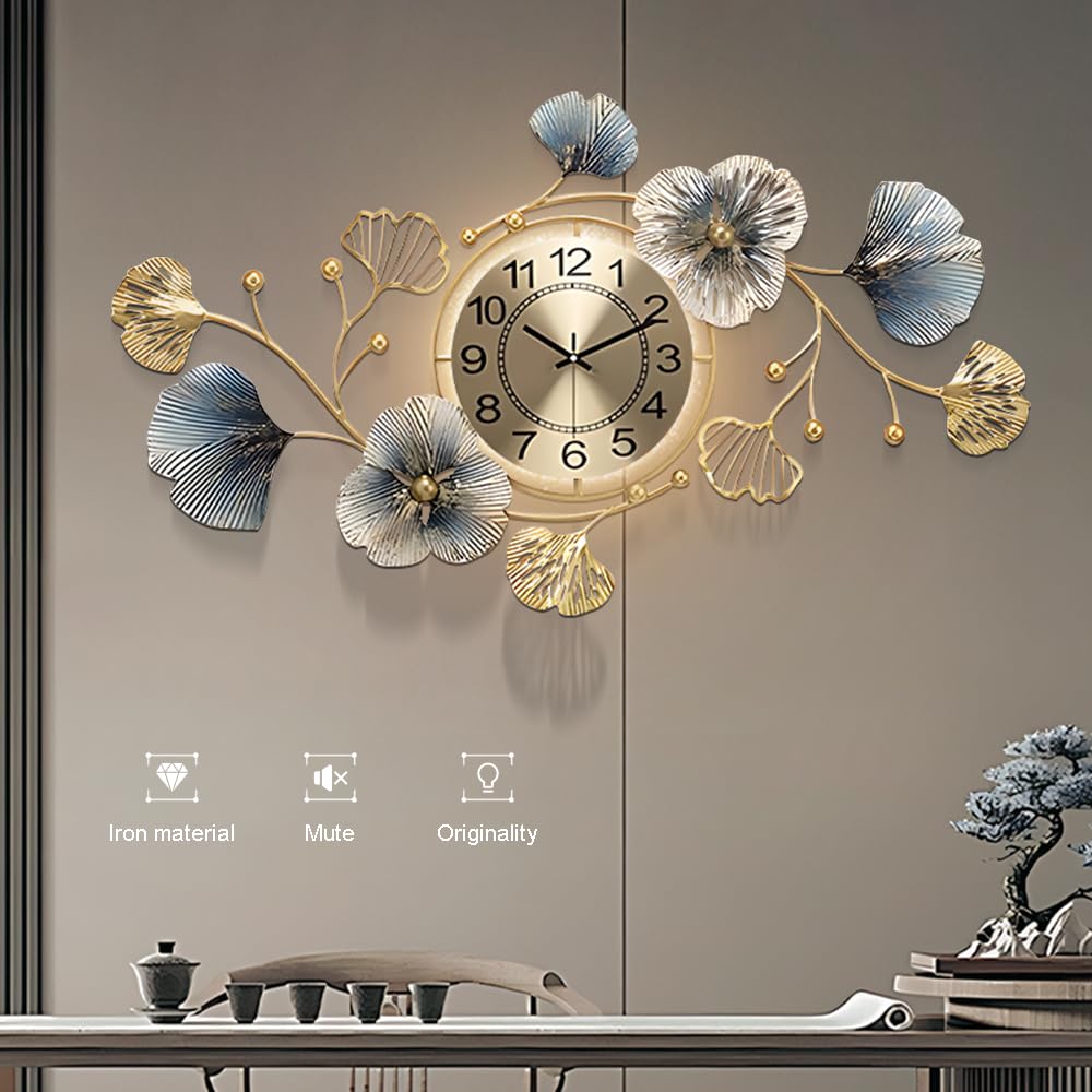 LJSCLDF Large Metal Wall Clocks with Led Light,Silent Creative Decorative Clock,3D Ginkgo Leaf Wall Clocks for Living Room Bedroom Kitchen Office Decor (33.6 X 20 inch)