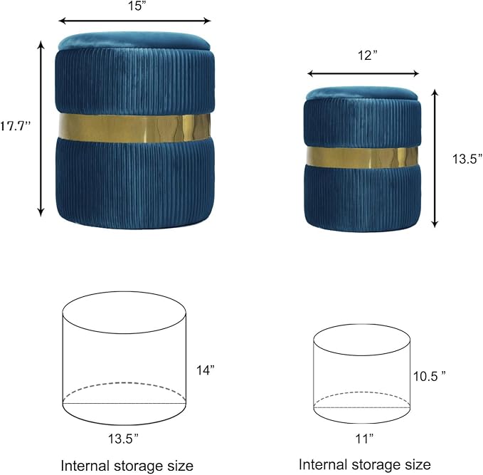 YYW HOME Blue Round Ottoman with Storage Set of 2 Vanity Stool Foot Rest with Removable Lid Blue Velvet Storage Ottoman Stool for Living Room and Dorm (Gold and Blue)