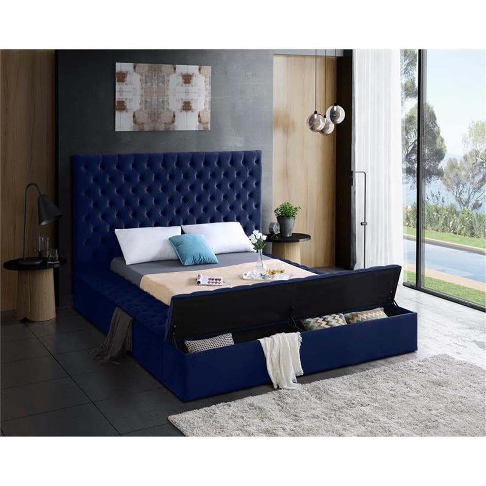 Meridian Furniture Bliss Collection Modern | Contemporary Velvet Upholstered Bed with Deep Button Tufting and Storage Compartments in Rails and Footboard, Queen, Navy