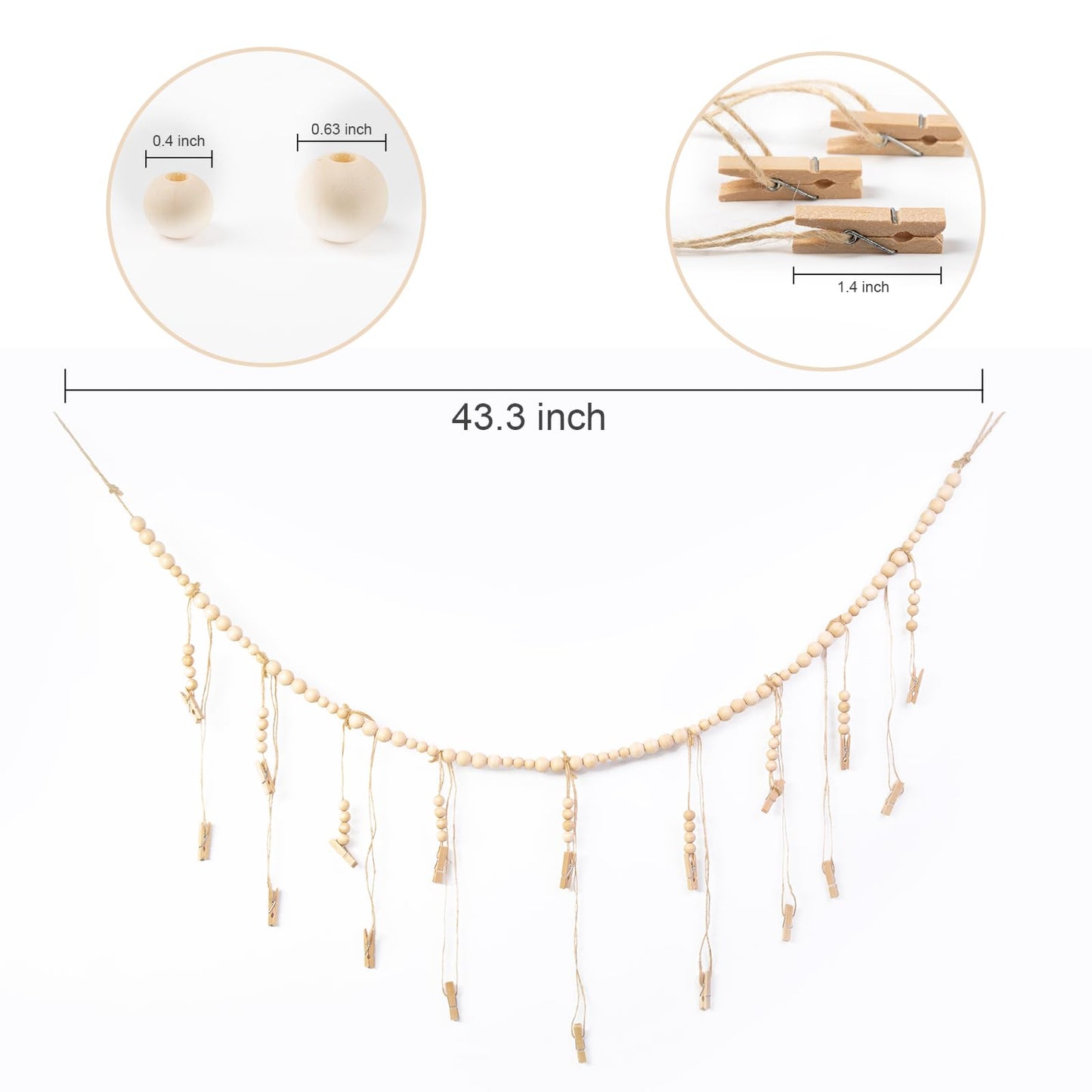 WIVKFML Hanging Photo Display with 18 Wood Clips, Boho Wooden Bead Wall Décor for Bedroom, Living Room, Dorm, Kids Art Picture Display