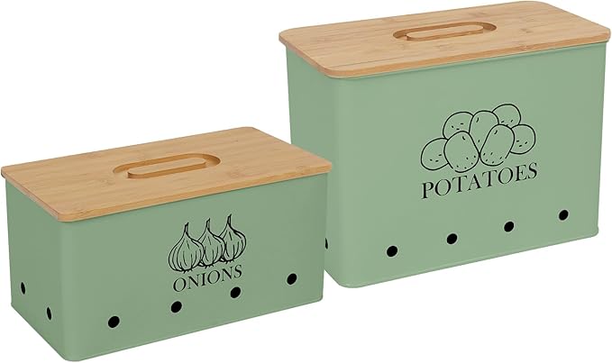 Potato and Onion Storage Bin Set of 2, Vented Metal Vegetable Storage with Wooden Lids, Farmhouse Kitchen Canisters for Countertop Pantry Organizer, Potato Bin Onion Holder for Produce Storage, Green