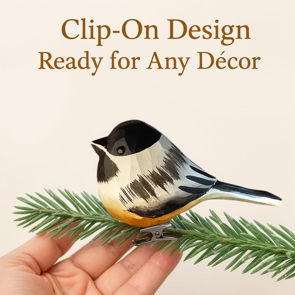 WOODEN ISLANDS Hand-Carved Wooden Bird Clip – Black-Capped Chickadee Figurine, Handmade Ornament, Gift Boxed for Bird Lovers, Home Decor, Especially for You