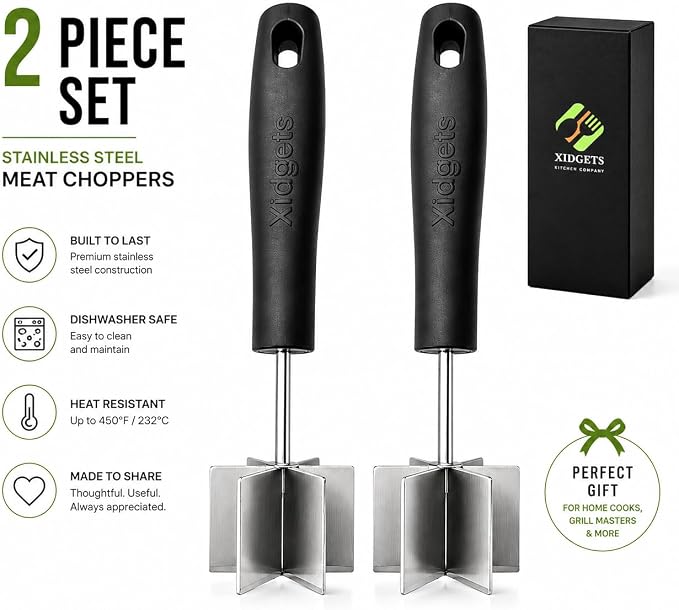 2pc Large Stainless Steel Meat Chopper, Masher & Cocktail Muddler | Dishwasher Safe | 6-Blade Chopper Tool | Oversized Ergonomic Handle | Heat Resistant Grip | 2 x 10" black