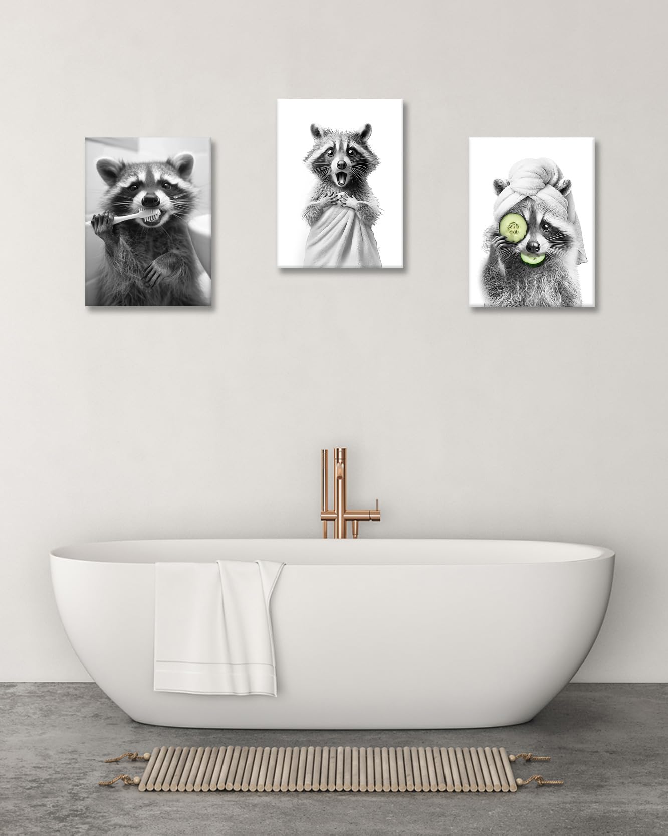 HesenDot Raccoon in Towel Framed Wall Art,12x16in Funny Animal Bathroom Canvas Print, Black and White Raccoon Poster,Cute Racoon Picture Wall Decor for Bathroom Kid Room Bedroom Nursery Home, 1 Pack