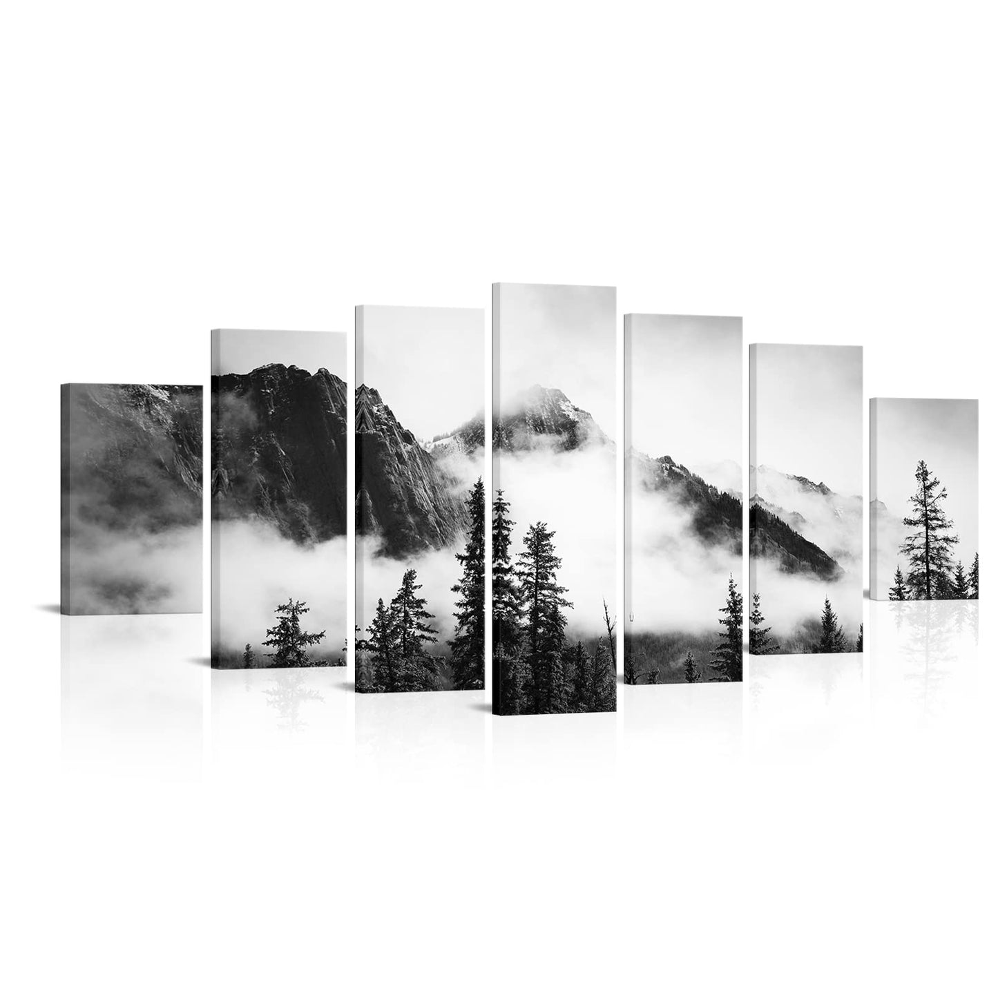 NutArtPic 7 Pieces Foggy Forest Canvas Wall Art Black and White Misty Mountain Artwork Prints Banff National Park Painting Framed Home Office Bedroom Decor 70''x32''