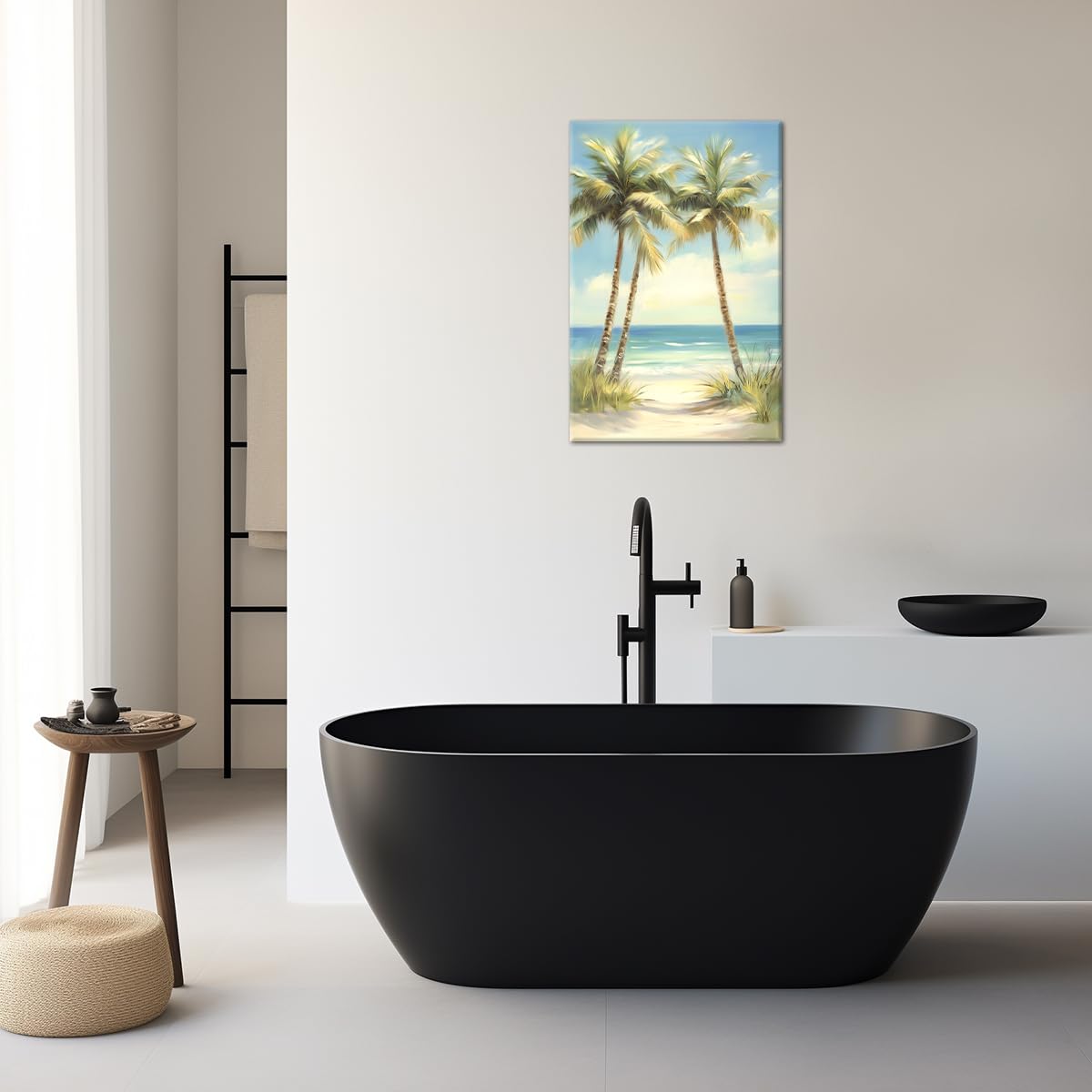 Tropical Beach Canvas Wall Art Palm Tree Pictures Wall Decor Ocean Landscape Painting Prints for Living Room Bedroom Bathroom Decor Framed(Tree-3,12L x 18W)