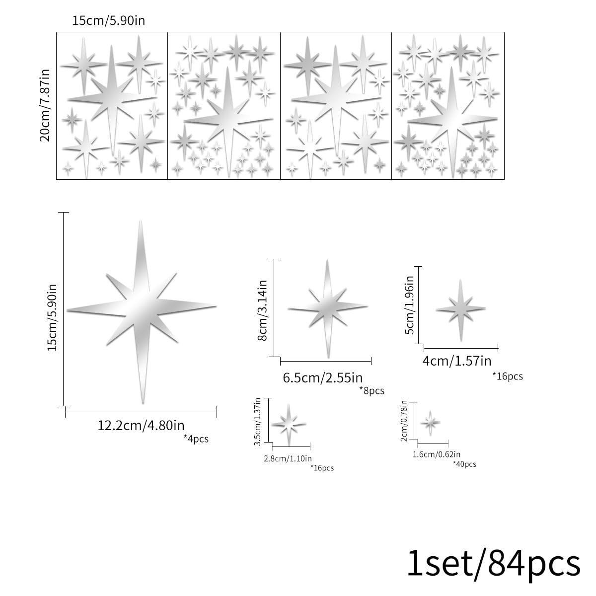 92-Piece 3D Acrylic Star Mirror Wall Stickers - Removable, Silver, for Home & Christmas Decor