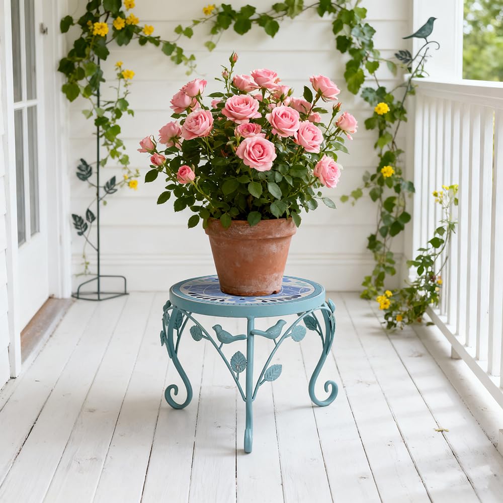 Rustic Metal Plant Stand Set of 2 Indoor & Outdoor Round Ceramic Top Butterfly Mosaic Planter Pot Stand Low Heavy Duty Flower Holder Rack for Patio Living Room Garden Farmhouse Accessory Decor Gift