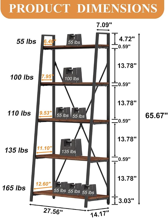 BON AUGURE Ladder Shelf Bookcase, 5-Tier Industrial Ladder Bookshelf, Tall Living Room Shelves, Wood and Metal Leaning Shelf for Home Office, Kitchen, Bedroom, Balcony (Rustic Oak)