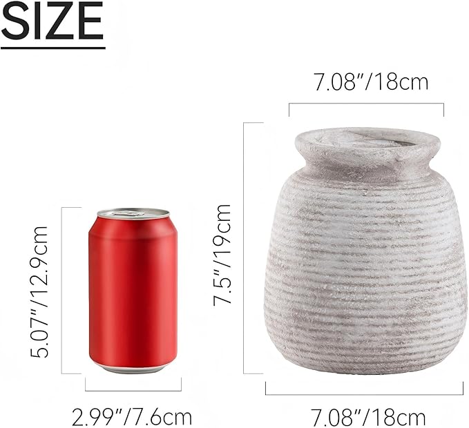 Ceramic Flower Vase, Rustic Farmhouse Decorative Vase Pottery Wide-Mouth Vases for Home Decor Table Entryway Mantel Bookshelf Living Room Bedroom Bathroom Kitchen - 7.48" D