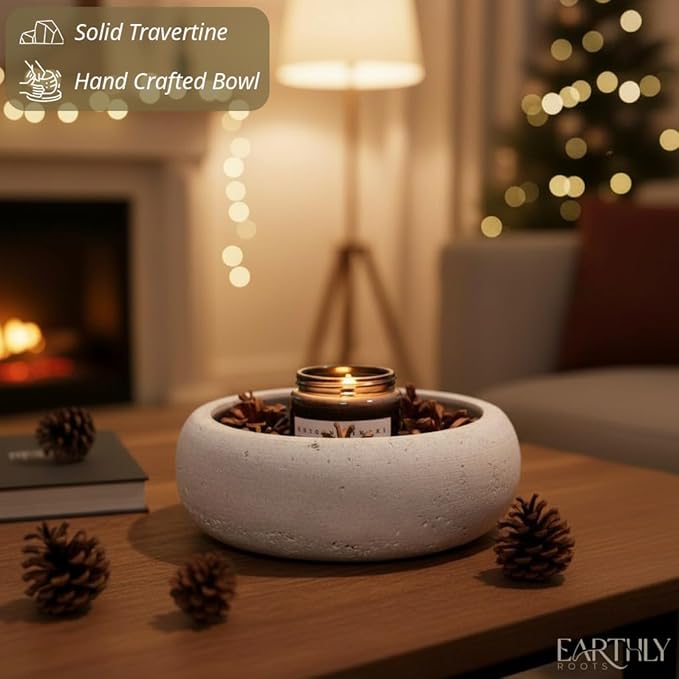Travertine Decorative Bowl, 7.5” Natural Stone Candy Bowl, Coffee Table Catchall Dish for Living Room, Candle, Key, Trinket Holder & Hand Crafted Home Decor