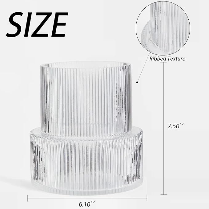 Ribbed Glass Vase, Flower Vase, Fluted Clear Vases for Flowers, Modern Vases for Living Room, Dining Table, Entryway, Shelf, Wedding, Office, Coffee Table, Birthday, 7.5 Inches
