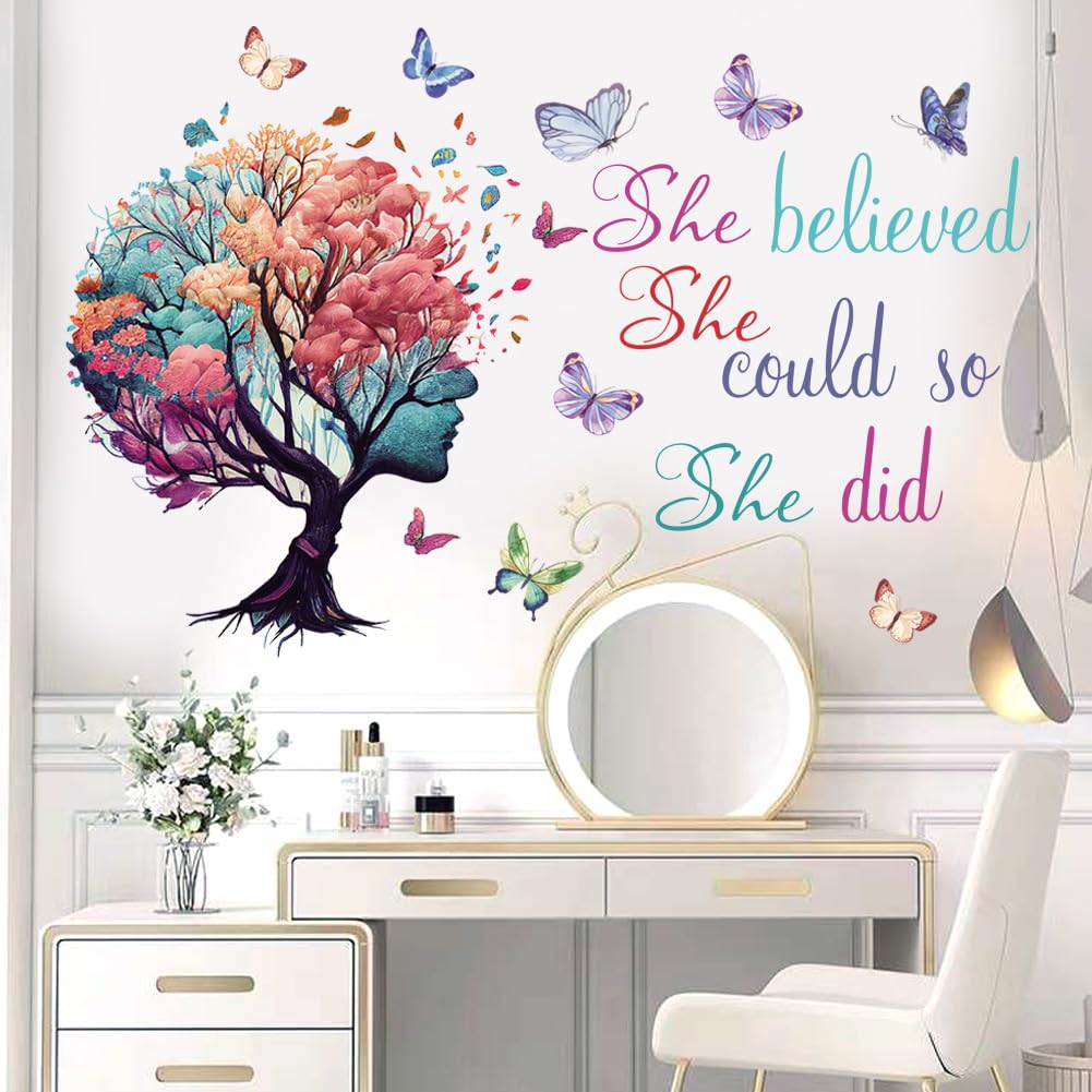 Inspirational Quotes Wall Art - 'She Believed She Could So She Did' Tree & Butterfly Decal Stickers for Women & Girls Bedroom & Living Room Decor