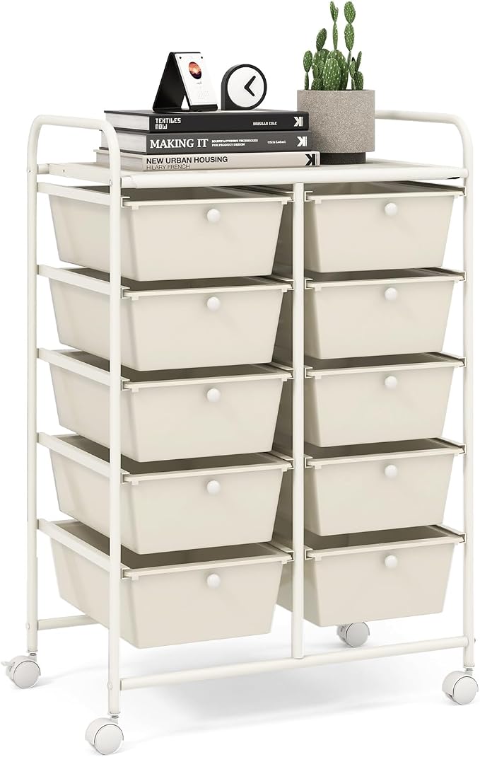 LDAILY 10 Drawer Rolling Cart, Storage Cart Organizer on Wheels, Drawer Cart with Metal Frame & Large Storage Capacity, Rolling Cart with Drawers for Living Room Classroom, Office
