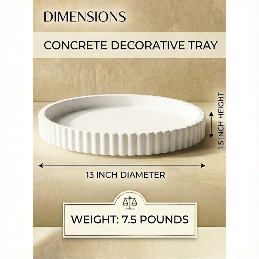 Vivere Home 13-Inch Coffee Table Tray Round - Concrete Round White Decorative Tray for Coffee Table Decor - Table Centerpieces Kitchen Island Trays Decorative Trays - Dining Room Tray