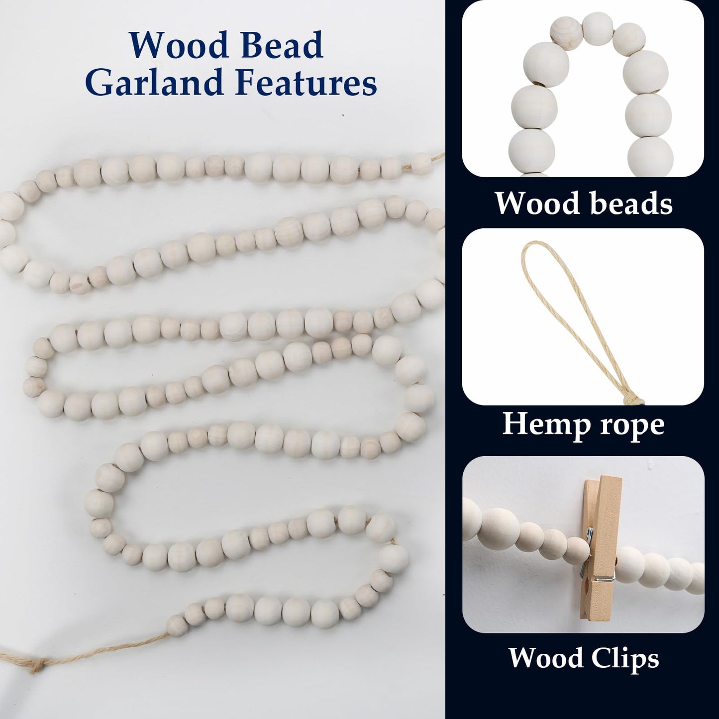 Hanging Photo Display Wall Decor with 45 Wood Clips, YuanDe 67 Inches Boho Wooden Bead Garland Collage Picture Frame Photos String DIY, Photo Hanger for Bedroom Office Dorm Room Decor Gifts(3PCS)