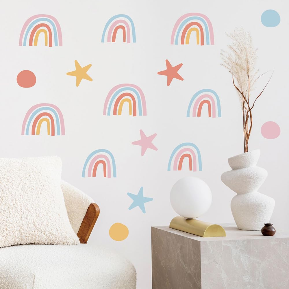 Rainbow, Stars & Dots Wall Decals for Kids Room – 160 PCS Pastel Boho Peel & Stick Waterproof Vinyl Wall Decor Stickers, 10 Sheets Removable Nursery, Bedroom & Playroom Decor(Style A)