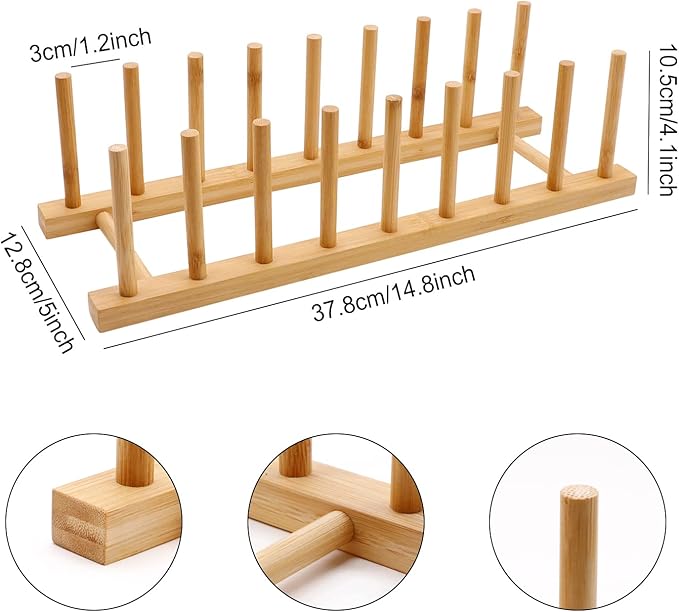 2PC Bamboo Wooden Dish Drying Rack, 8-Slot Plate Rack Cabinet Dish Stand Organizer for Kitchen Counter, Drainer Storage Holder for Bowl/Cup/Lid/Cutting Board/Book, Space-Saving Design