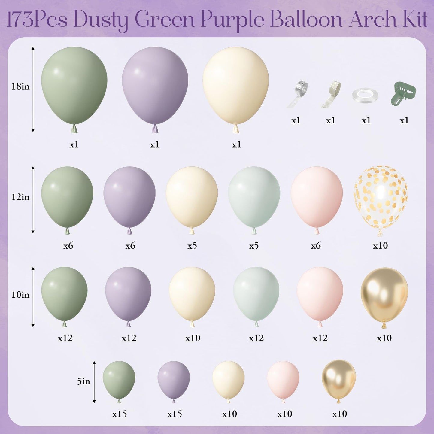 Amandir 173Pcs Dusty Green Purple Pink Balloon Arch Garland Kit, Lavender Pastel Blush Pink Yellow Mist Green Gold Confetti Balloons for Easter Shower Wedding Tea Wildflower Birthday Party Decorations