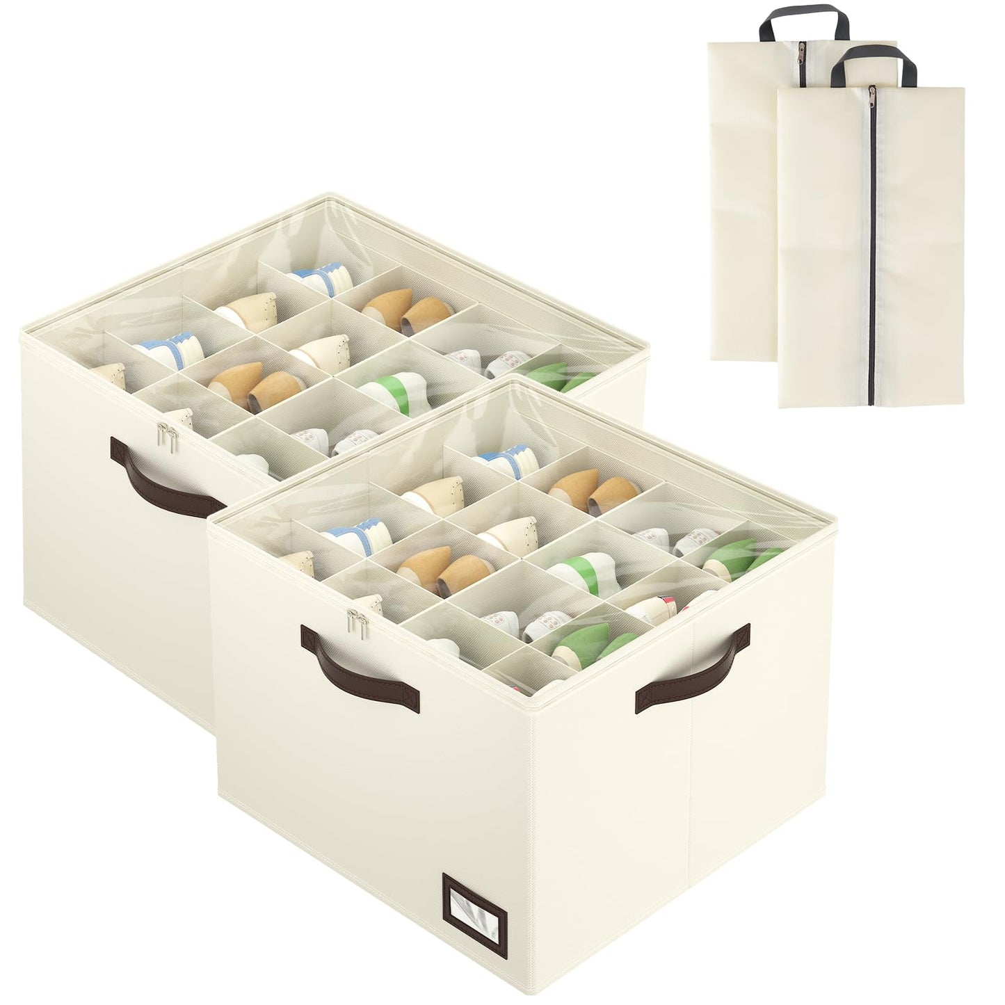 OIAHOMY 2 Pack Shoe Organizer for Closet, Large Foldable Shoe Storage Bins with Dividers and Reinforced Handles, Each Clear Cover Sneaker Box Fits Up to 16 Pairs for Entryway and Bedroom, Beige