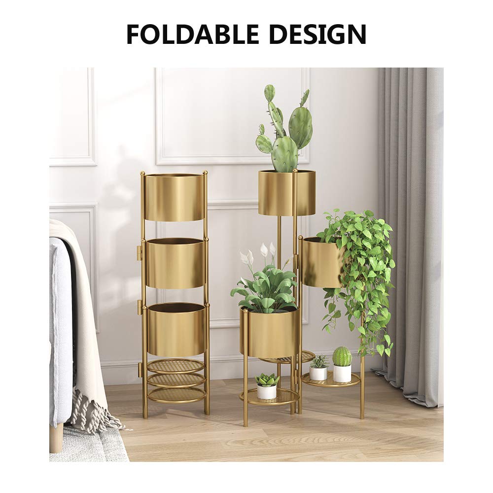 AISUNDY Metal Plant Stand, 6 Tier 6 Potted Indoor Gold Flower Pot Stand Holder Shelf, Foldable Decorative Display Rack for Multiple Potted Plants, Patio Garden, Living Room, Corner Balcony & Bedroom