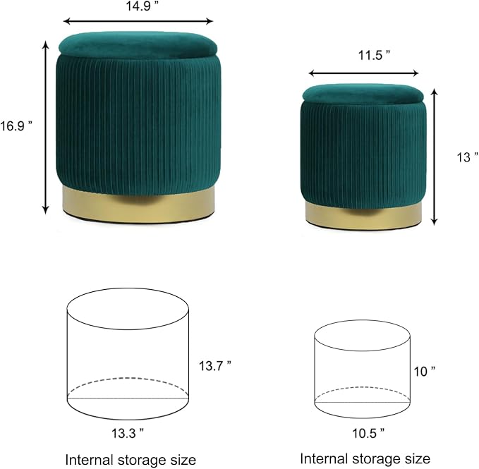 YYW HOME Green Velvet Round Storage Ottoman Set of 2 - Small Ottoman Coffee Table, Foot Stool, Removable Lid, for Living Room, Bedroom, Hallway, Assembly Free